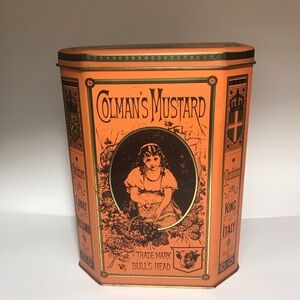 Vintage COLMANS mustard large tin Orange With Girl & Castle Trade MarkBulls Head